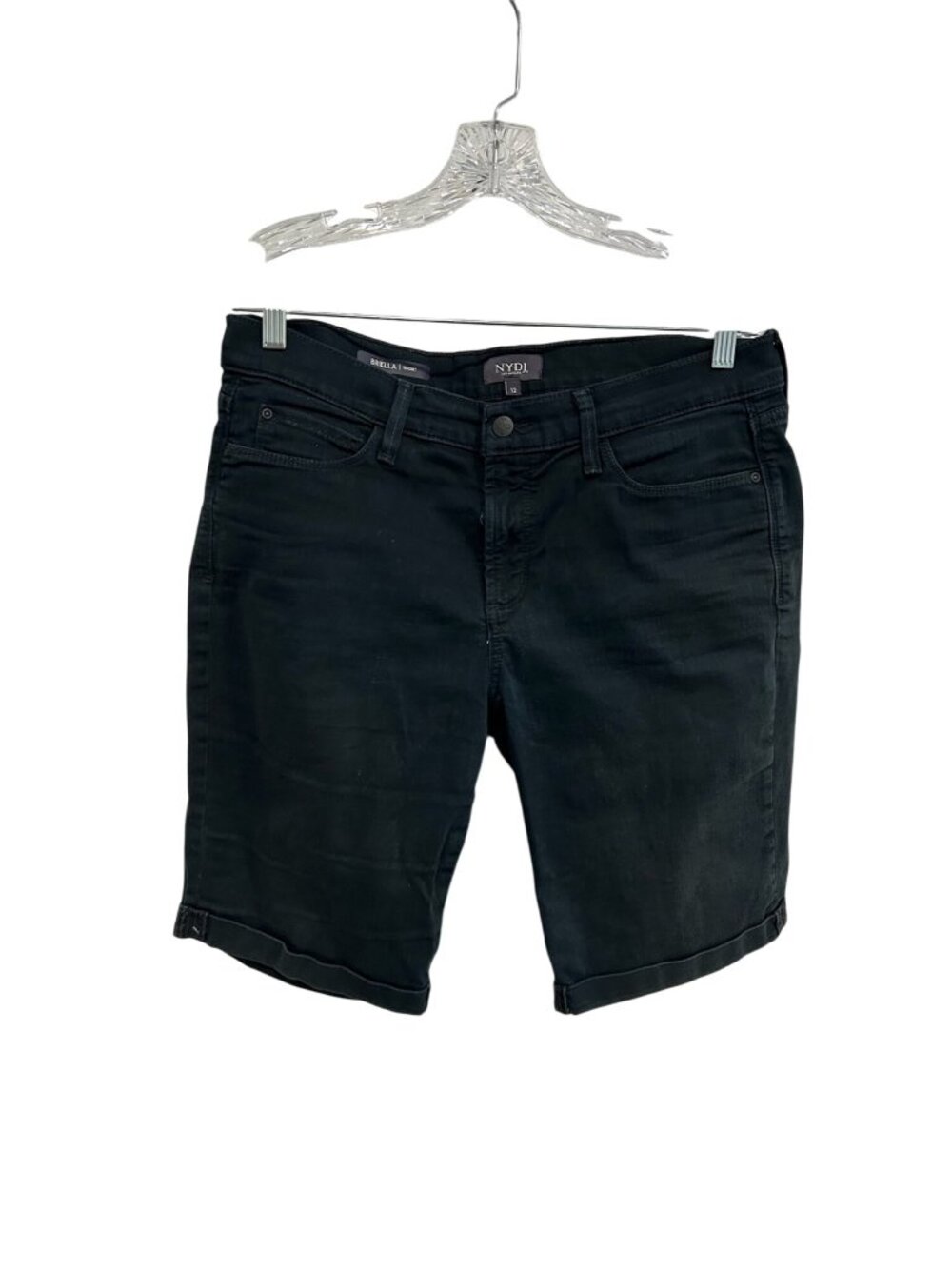 NYDJ Denim Bermuda Shorts Black Sz 12 Mid Rise Cuffed Hem Dark Wash Cotton Blend